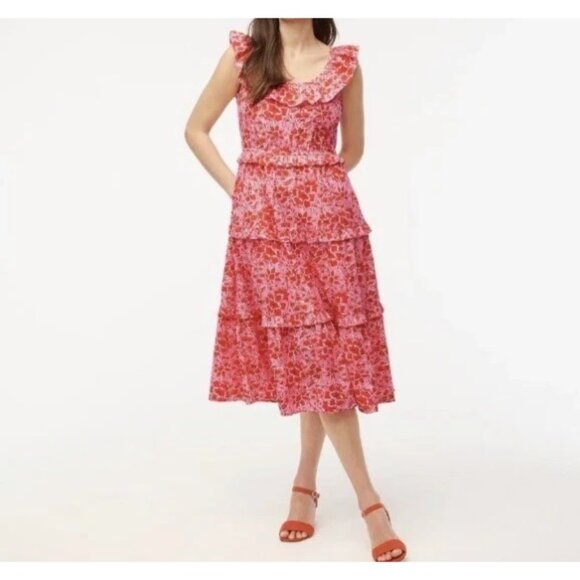 J.Crew Factory Tiered Midi Dress Ruffle Floral Red Pink Sleeveless Pockets Sz 8 - Picture 1 of 15